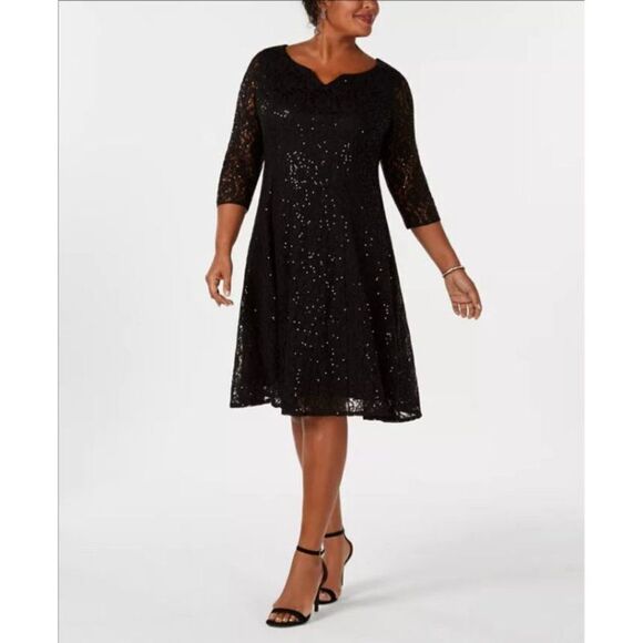 SLNY - 9419144 QUARTER SLEEVE SEQUIN LACE A-LINE PLUS SIZE DRESS - Picture 1 of 13